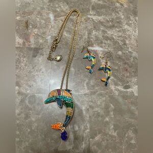 Betsey Johnson Multicolor Enamel Beaded Dolphin Pendant Necklace and Earring Set